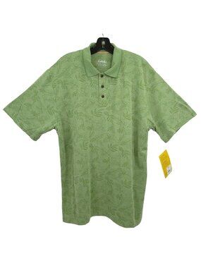 Cabelas Polo Shirt Mens L Sage Green Floral Leaf  Short Sleeve Earth Tones NWT
